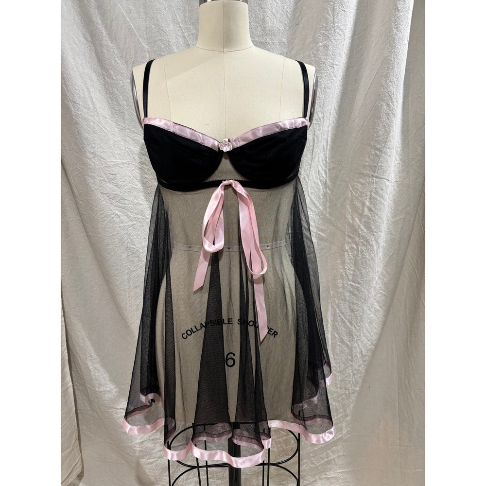 Vintage Victorias Secret Black Pink Mesh Babydoll Lingerie Underwire 36C Y2K